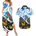Kekeru New Zealand Matariki Couples Matching Summer Maxi Dress and Hawaiian Shirt Kukupa Kowhai Maori New Year Blue Version