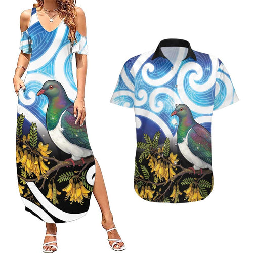 Kekeru New Zealand Matariki Couples Matching Summer Maxi Dress and Hawaiian Shirt Kukupa Kowhai Maori New Year Blue Version