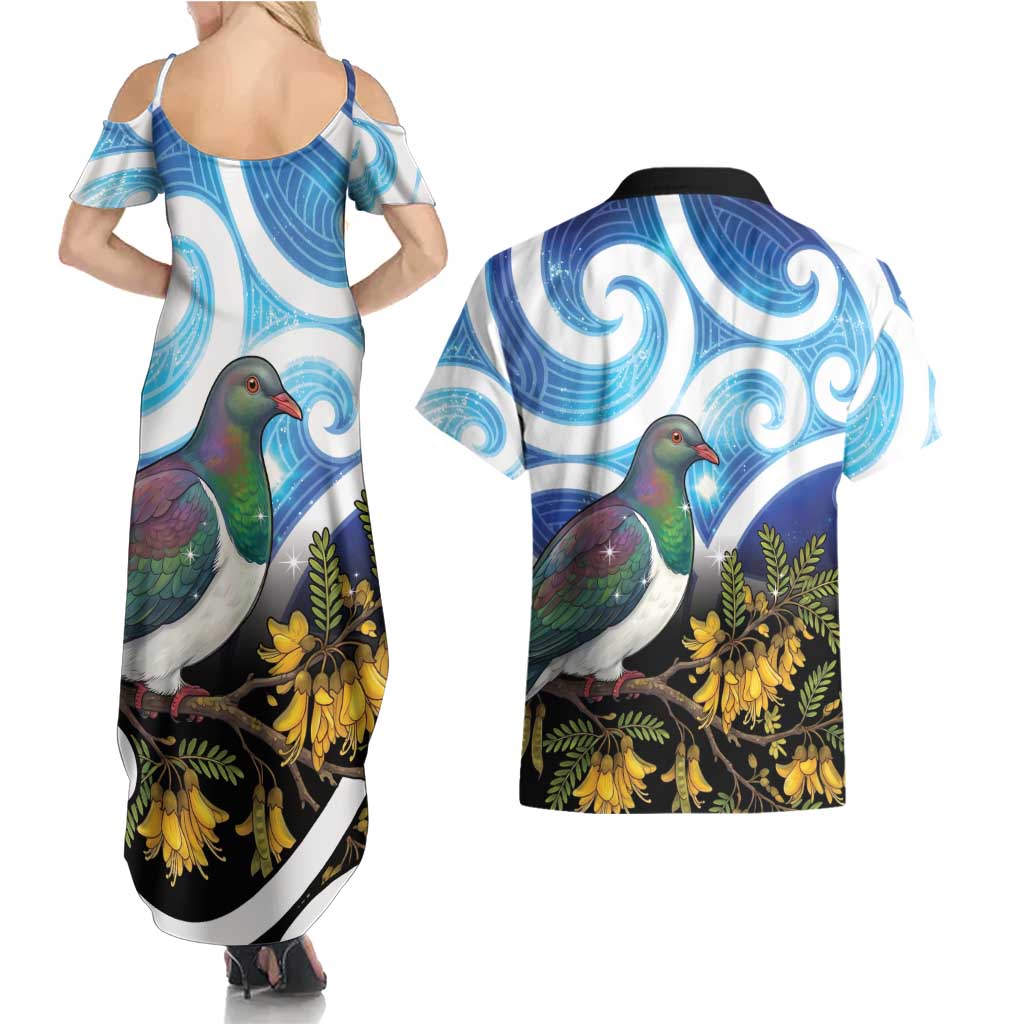 Kekeru New Zealand Matariki Couples Matching Summer Maxi Dress and Hawaiian Shirt Kukupa Kowhai Maori New Year Blue Version