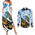 Kekeru New Zealand Matariki Couples Matching Summer Maxi Dress and Long Sleeve Button Shirt Kukupa Kowhai Maori New Year Blue Version