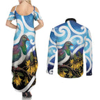 Kekeru New Zealand Matariki Couples Matching Summer Maxi Dress and Long Sleeve Button Shirt Kukupa Kowhai Maori New Year Blue Version
