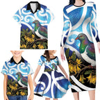 Kekeru New Zealand Matariki Family Matching Long Sleeve Bodycon Dress and Hawaiian Shirt Kukupa Kowhai Maori New Year Blue Version