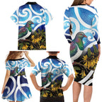 Kekeru New Zealand Matariki Family Matching Long Sleeve Bodycon Dress and Hawaiian Shirt Kukupa Kowhai Maori New Year Blue Version