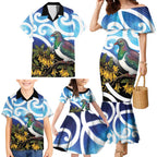 Kekeru New Zealand Matariki Family Matching Mermaid Dress and Hawaiian Shirt Kukupa Kowhai Maori New Year Blue Version