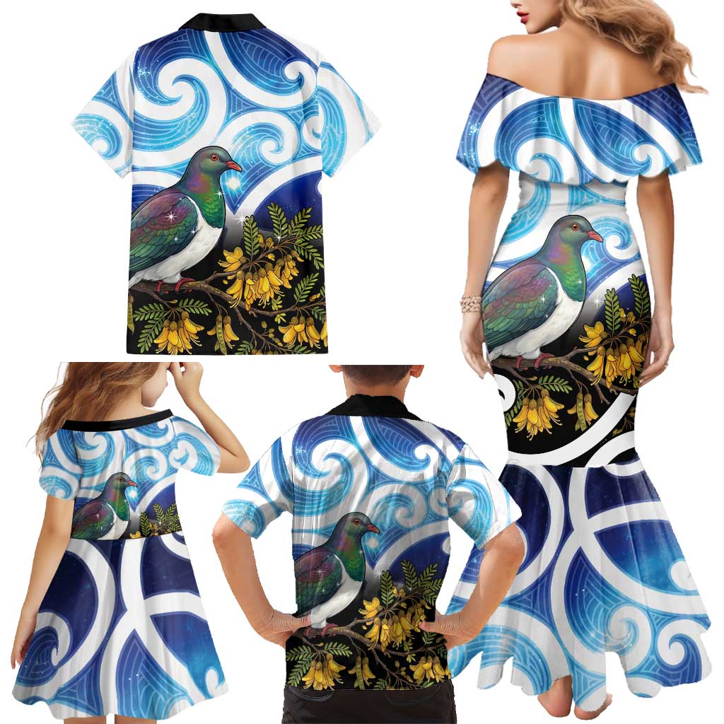 Kekeru New Zealand Matariki Family Matching Mermaid Dress and Hawaiian Shirt Kukupa Kowhai Maori New Year Blue Version