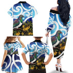 Kekeru New Zealand Matariki Family Matching Off The Shoulder Long Sleeve Dress and Hawaiian Shirt Kukupa Kowhai Maori New Year Blue Version