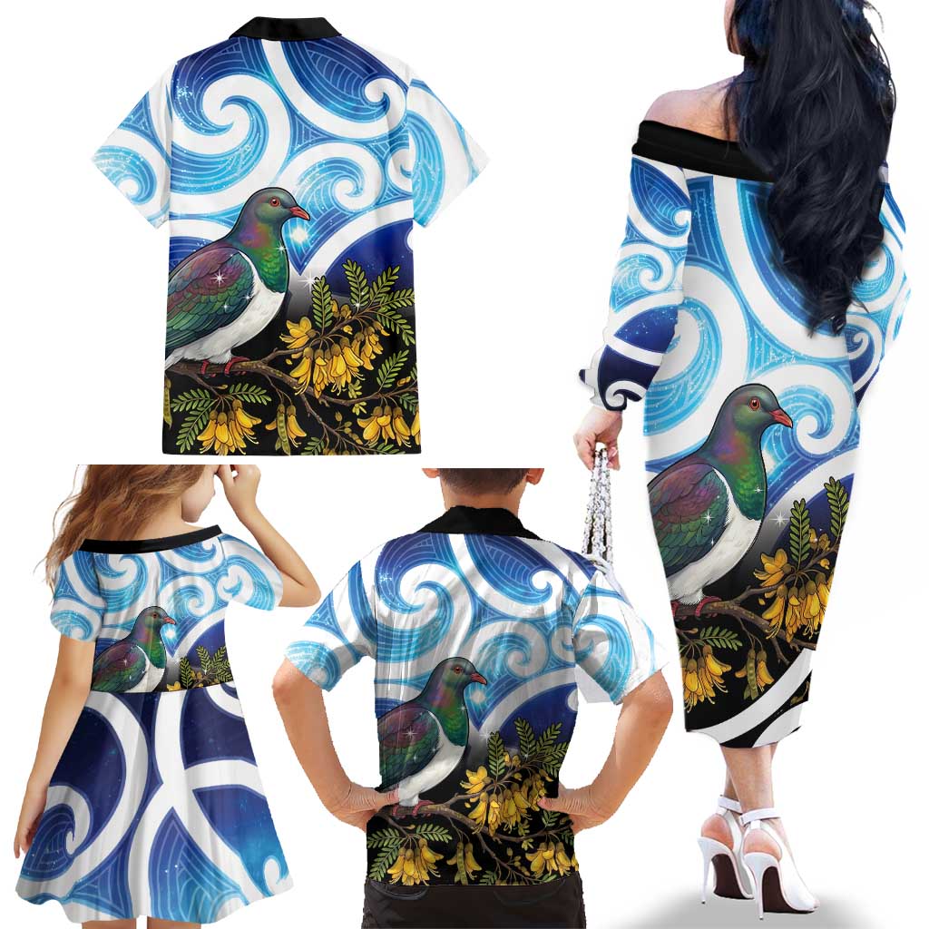 Kekeru New Zealand Matariki Family Matching Off The Shoulder Long Sleeve Dress and Hawaiian Shirt Kukupa Kowhai Maori New Year Blue Version