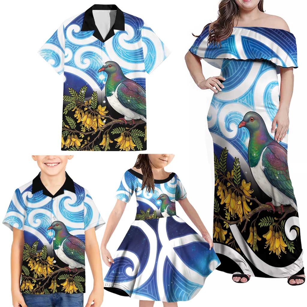 Kekeru New Zealand Matariki Family Matching Off Shoulder Maxi Dress and Hawaiian Shirt Kukupa Kowhai Maori New Year Blue Version