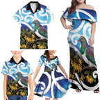 Kekeru New Zealand Matariki Family Matching Off Shoulder Maxi Dress and Hawaiian Shirt Kukupa Kowhai Maori New Year Blue Version