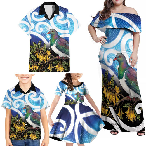 Kekeru New Zealand Matariki Family Matching Off Shoulder Maxi Dress and Hawaiian Shirt Kukupa Kowhai Maori New Year Blue Version