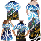 Kekeru New Zealand Matariki Family Matching Off Shoulder Maxi Dress and Hawaiian Shirt Kukupa Kowhai Maori New Year Blue Version