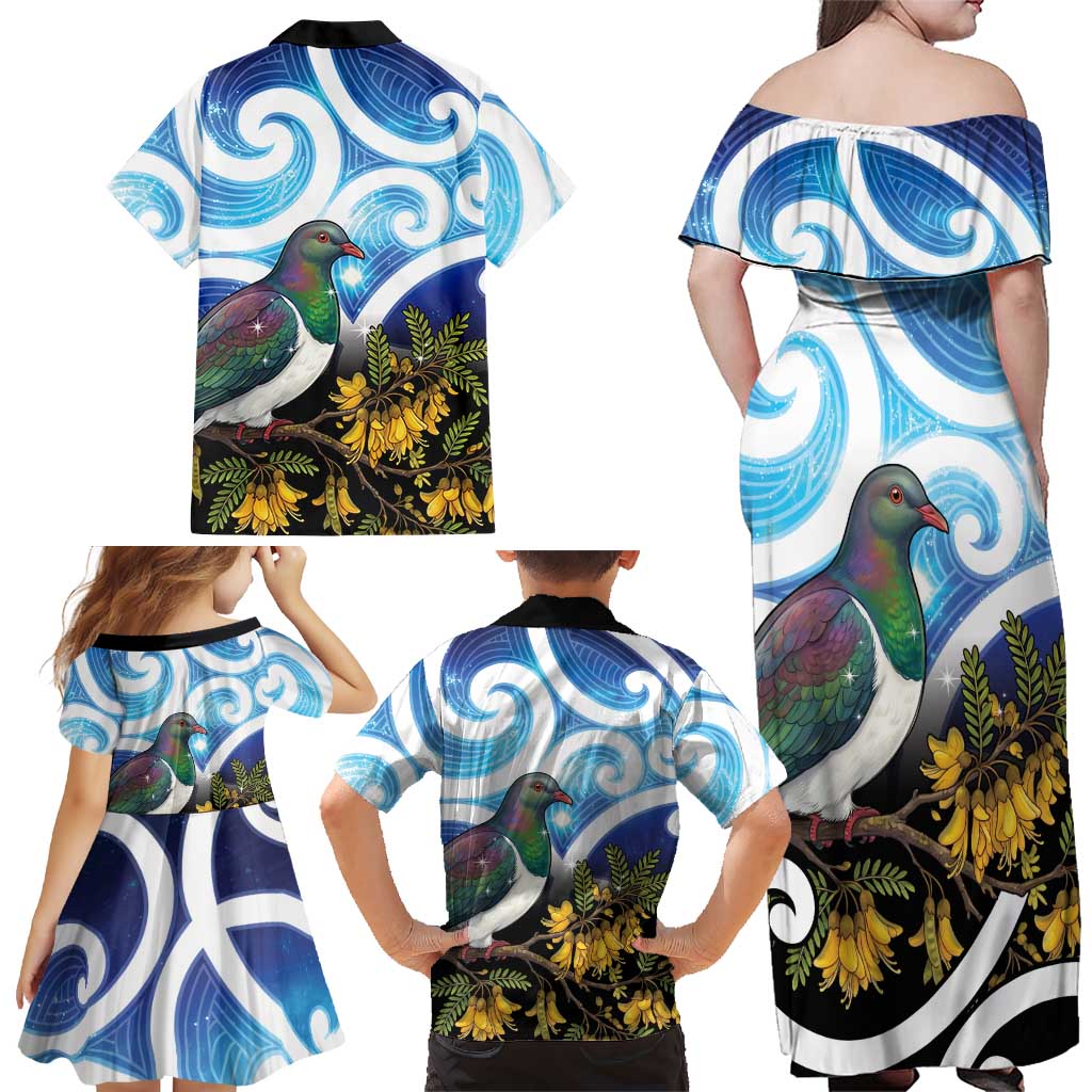 Kekeru New Zealand Matariki Family Matching Off Shoulder Maxi Dress and Hawaiian Shirt Kukupa Kowhai Maori New Year Blue Version