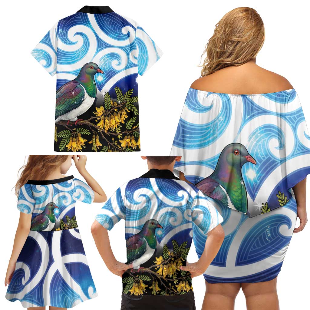 Kekeru New Zealand Matariki Family Matching Off Shoulder Short Dress and Hawaiian Shirt Kukupa Kowhai Maori New Year Blue Version