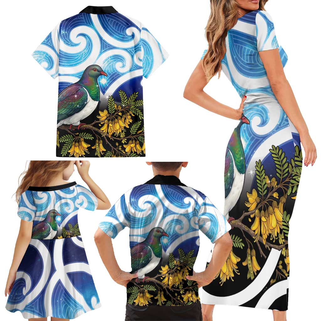 Kekeru New Zealand Matariki Family Matching Short Sleeve Bodycon Dress and Hawaiian Shirt Kukupa Kowhai Maori New Year Blue Version