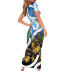 Kekeru New Zealand Matariki Family Matching Short Sleeve Bodycon Dress and Hawaiian Shirt Kukupa Kowhai Maori New Year Blue Version