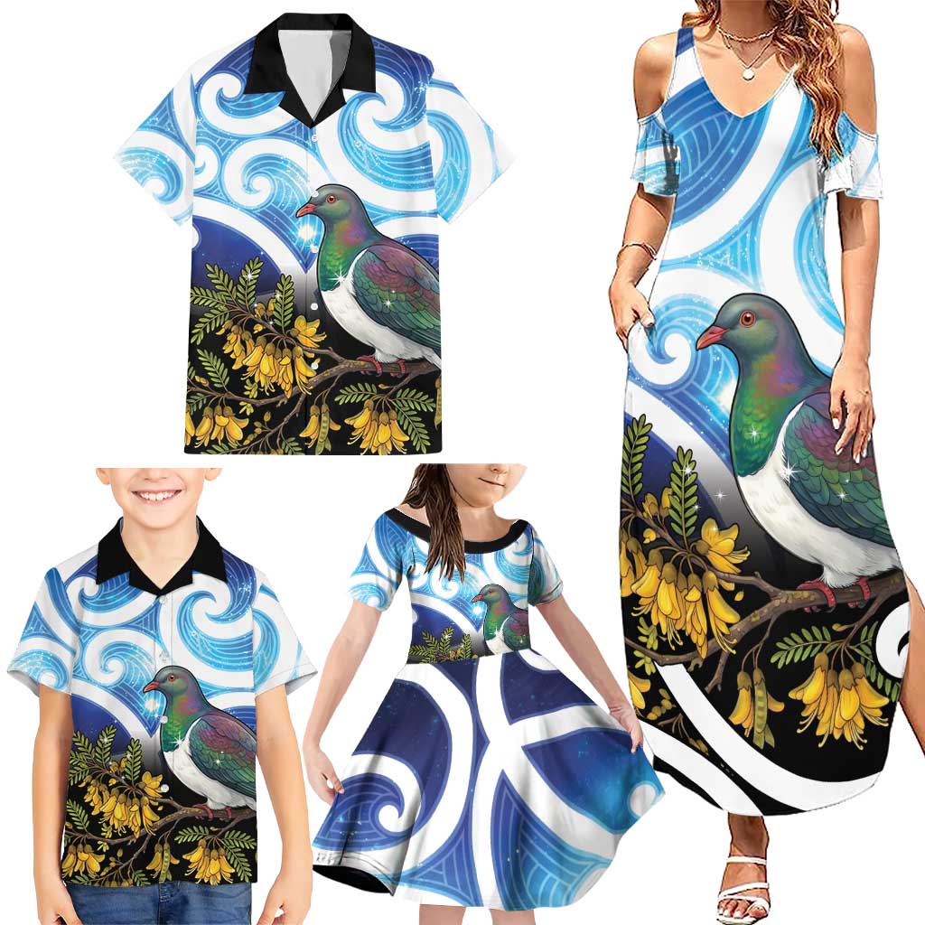 Kekeru New Zealand Matariki Family Matching Summer Maxi Dress and Hawaiian Shirt Kukupa Kowhai Maori New Year Blue Version