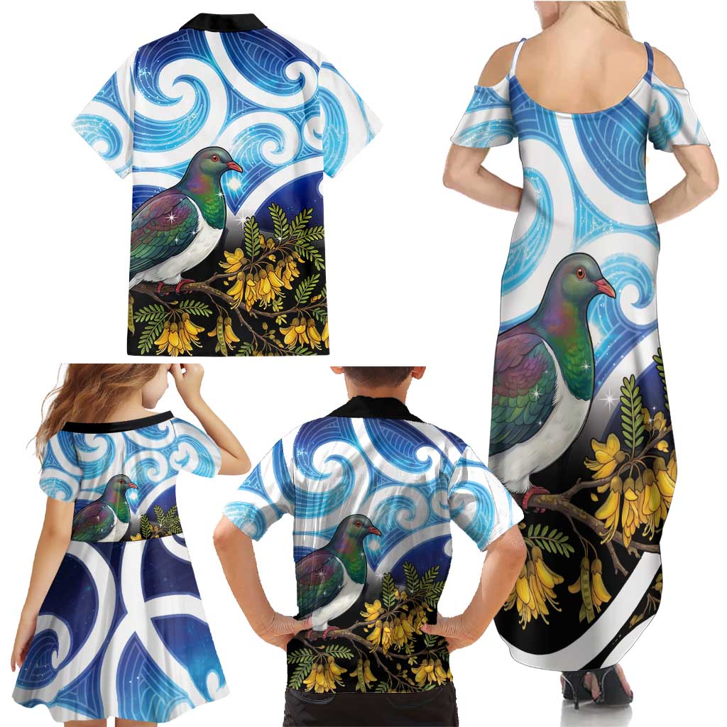 Kekeru New Zealand Matariki Family Matching Summer Maxi Dress and Hawaiian Shirt Kukupa Kowhai Maori New Year Blue Version