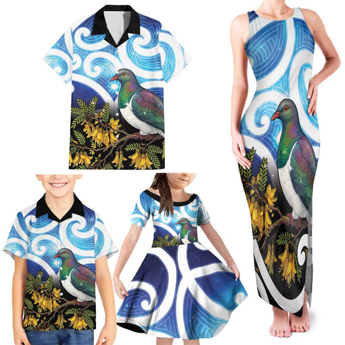 Kekeru New Zealand Matariki Family Matching Tank Maxi Dress and Hawaiian Shirt Kukupa Kowhai Maori New Year Blue Version