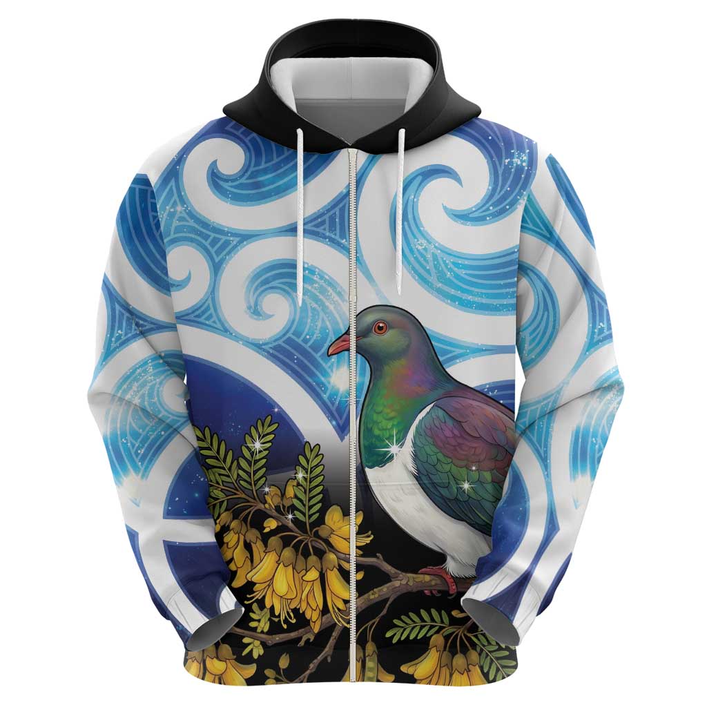 Kekeru New Zealand Matariki Hoodie Kukupa Kowhai Maori New Year Blue Version