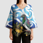 Kekeru New Zealand Matariki Kimono Sleeve Blouse Kukupa Kowhai Maori New Year Blue Version