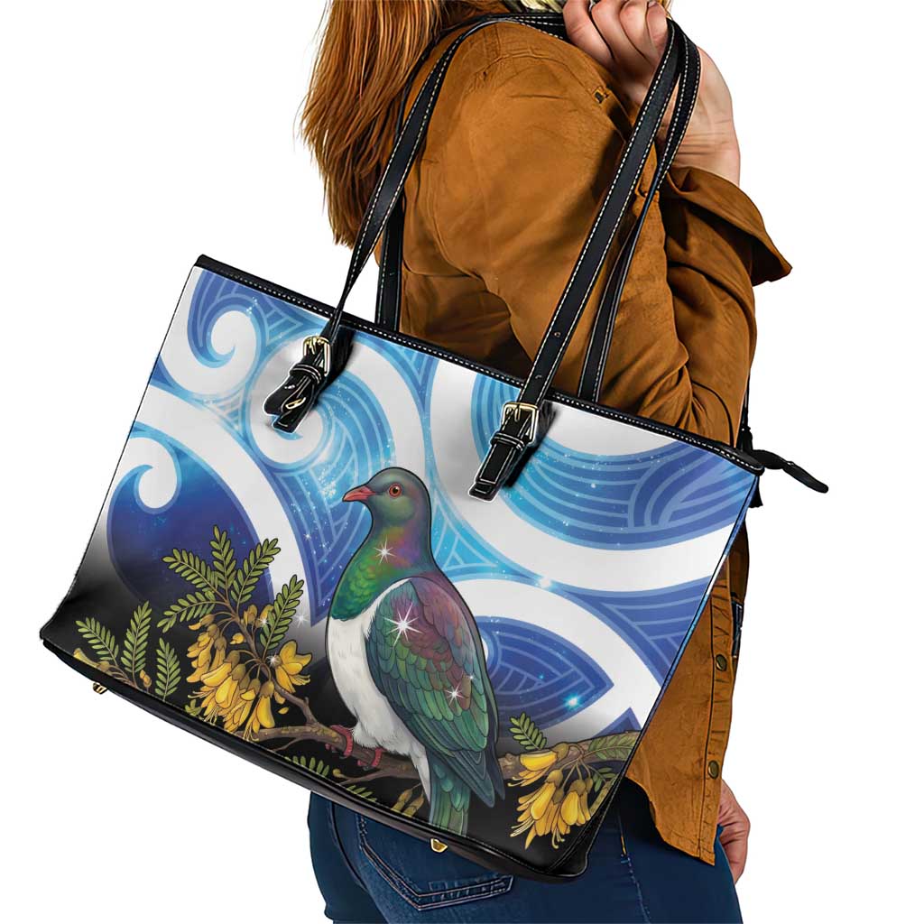 Kekeru New Zealand Matariki Leather Tote Bag Kukupa Kowhai Maori New Year Blue Version