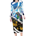 Kekeru New Zealand Matariki Long Sleeve Bodycon Dress Kukupa Kowhai Maori New Year Blue Version
