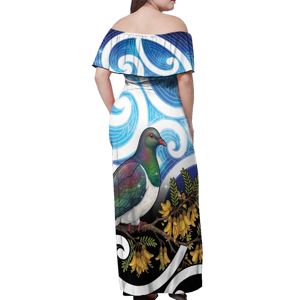 Kekeru New Zealand Matariki Off Shoulder Maxi Dress Kukupa Kowhai Maori New Year Blue Version