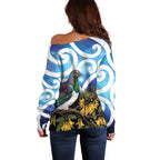 Kekeru New Zealand Matariki Off Shoulder Sweater Kukupa Kowhai Maori New Year Blue Version