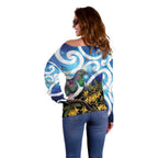Kekeru New Zealand Matariki Off Shoulder Sweater Kukupa Kowhai Maori New Year Blue Version