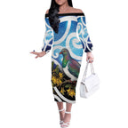 Kekeru New Zealand Matariki Off The Shoulder Long Sleeve Dress Kukupa Kowhai Maori New Year Blue Version