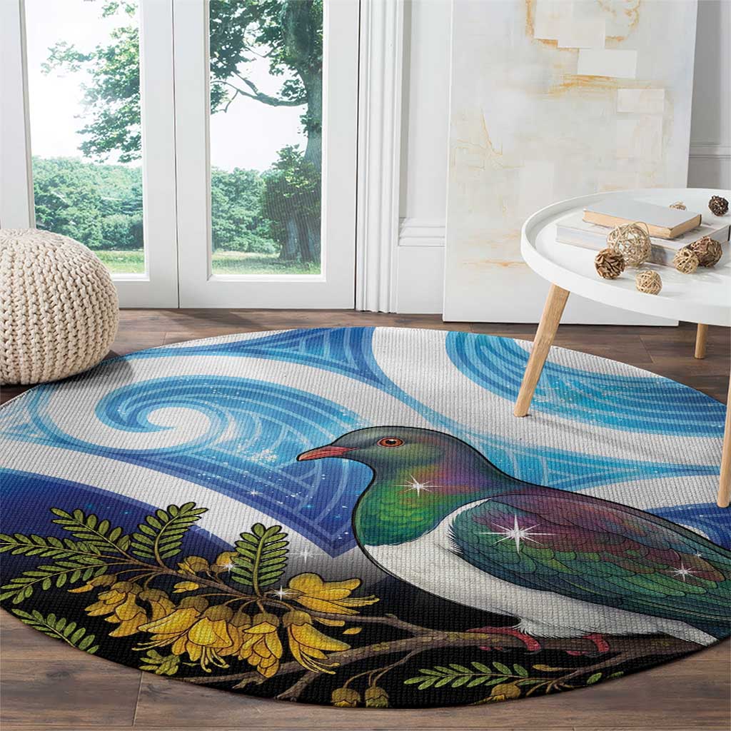 Kekeru New Zealand Matariki Round Carpet Kukupa Kowhai Maori New Year Blue Version