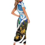 Kekeru New Zealand Matariki Short Sleeve Bodycon Dress Kukupa Kowhai Maori New Year Blue Version