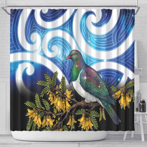 Kekeru New Zealand Matariki Shower Curtain Kukupa Kowhai Maori New Year Blue Version