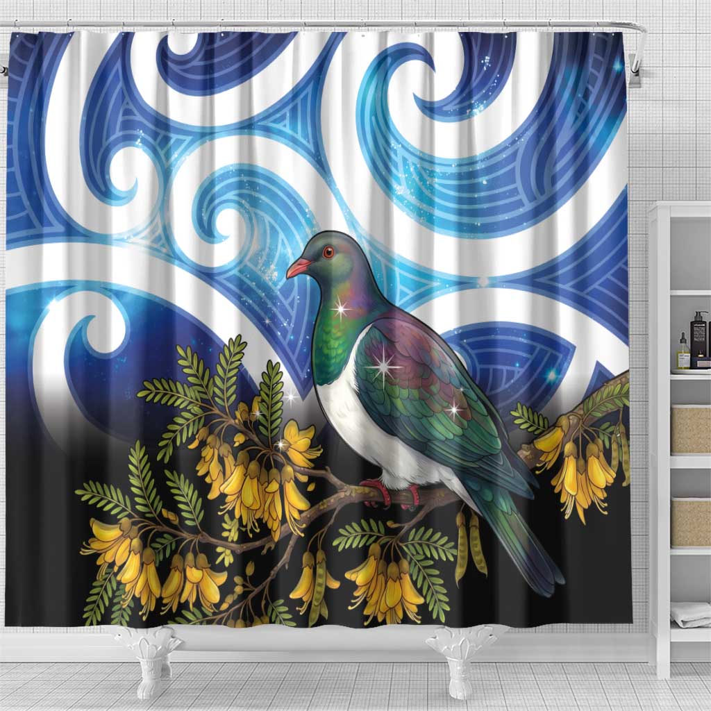 Kekeru New Zealand Matariki Shower Curtain Kukupa Kowhai Maori New Year Blue Version
