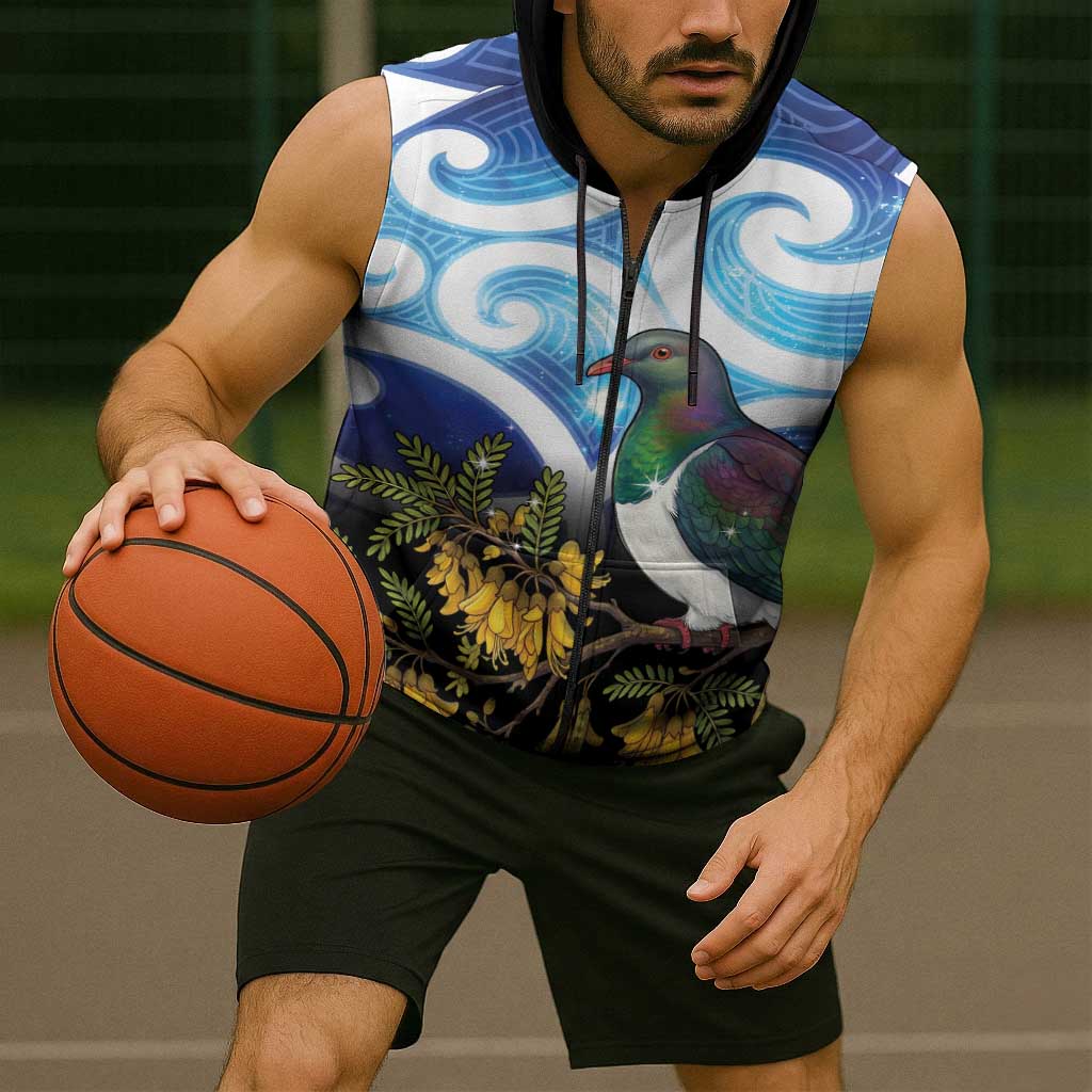 Kekeru New Zealand Matariki Sleeveless Zip Hoodie Kukupa Kowhai Maori New Year Blue Version