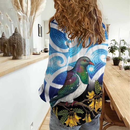 Kekeru New Zealand Matariki Women Casual Shirt Kukupa Kowhai Maori New Year Blue Version