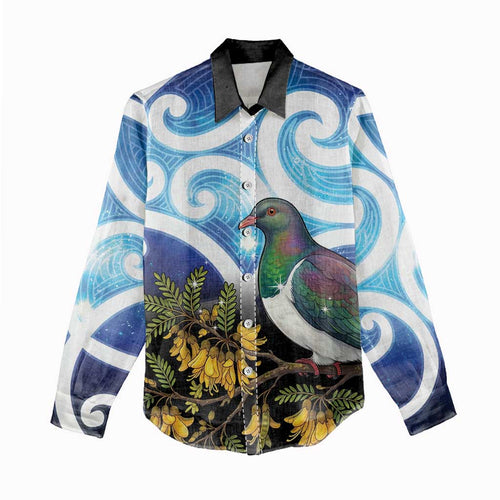 Kekeru New Zealand Matariki Women Casual Shirt Kukupa Kowhai Maori New Year Blue Version