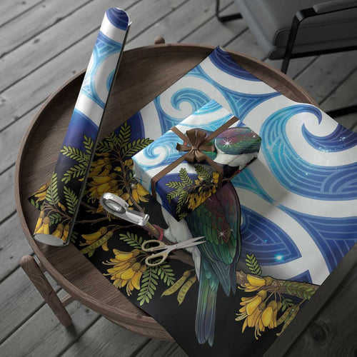 Kekeru New Zealand Matariki Wrapping Paper Kukupa Kowhai Maori New Year Blue Version
