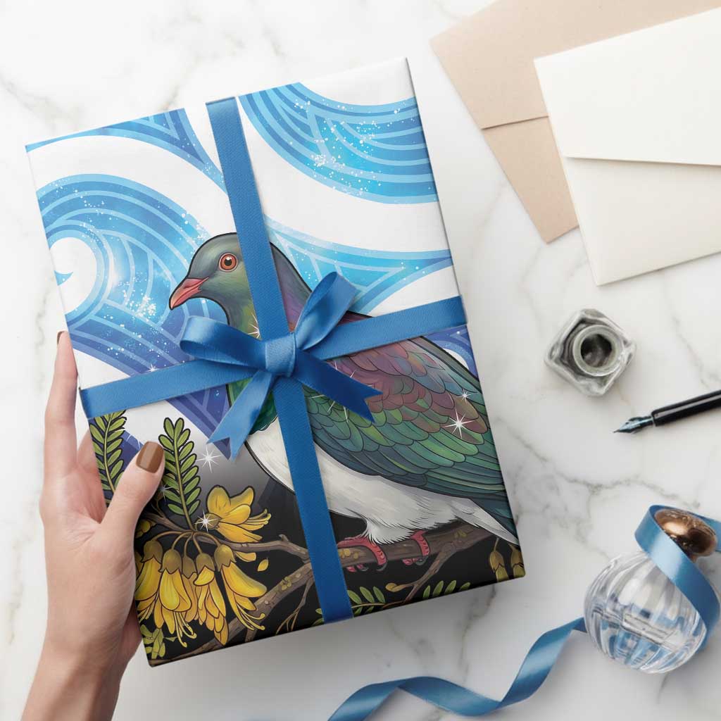 Kekeru New Zealand Matariki Wrapping Paper Kukupa Kowhai Maori New Year Blue Version