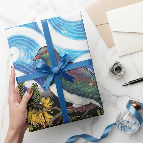 Kekeru New Zealand Matariki Wrapping Paper Kukupa Kowhai Maori New Year Blue Version