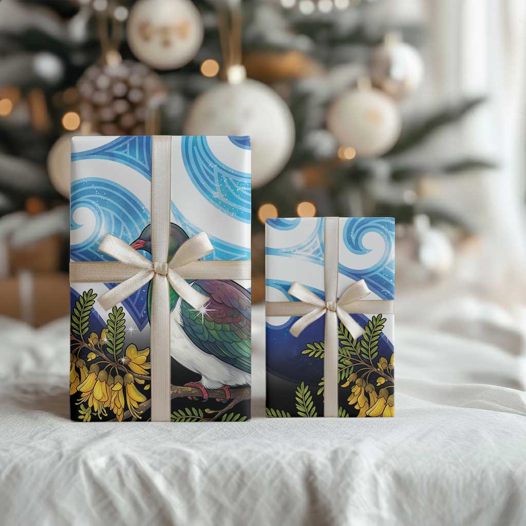 Kekeru New Zealand Matariki Wrapping Paper Kukupa Kowhai Maori New Year Blue Version