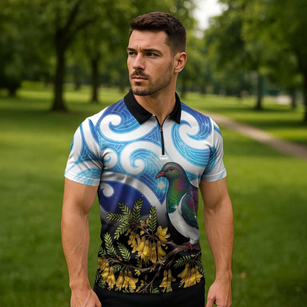 Kekeru New Zealand Matariki Zipper Polo Shirt Kukupa Kowhai Maori New Year Blue Version