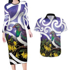 Kekeru New Zealand Matariki Couples Matching Long Sleeve Bodycon Dress and Hawaiian Shirt Kukupa Kowhai Maori New Year Purple Version