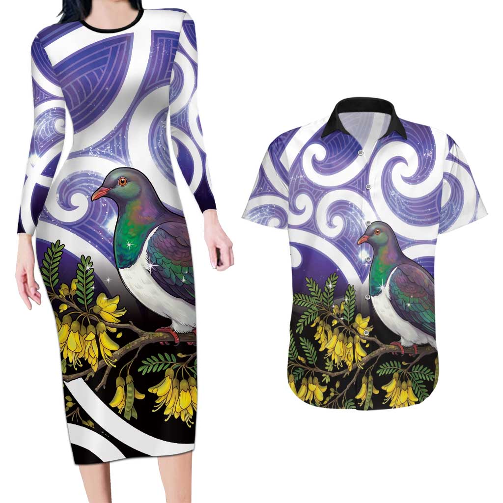 Kekeru New Zealand Matariki Couples Matching Long Sleeve Bodycon Dress and Hawaiian Shirt Kukupa Kowhai Maori New Year Purple Version
