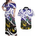 Kekeru New Zealand Matariki Couples Matching Off Shoulder Maxi Dress and Hawaiian Shirt Kukupa Kowhai Maori New Year Purple Version