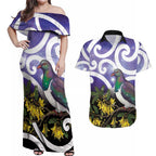 Kekeru New Zealand Matariki Couples Matching Off Shoulder Maxi Dress and Hawaiian Shirt Kukupa Kowhai Maori New Year Purple Version