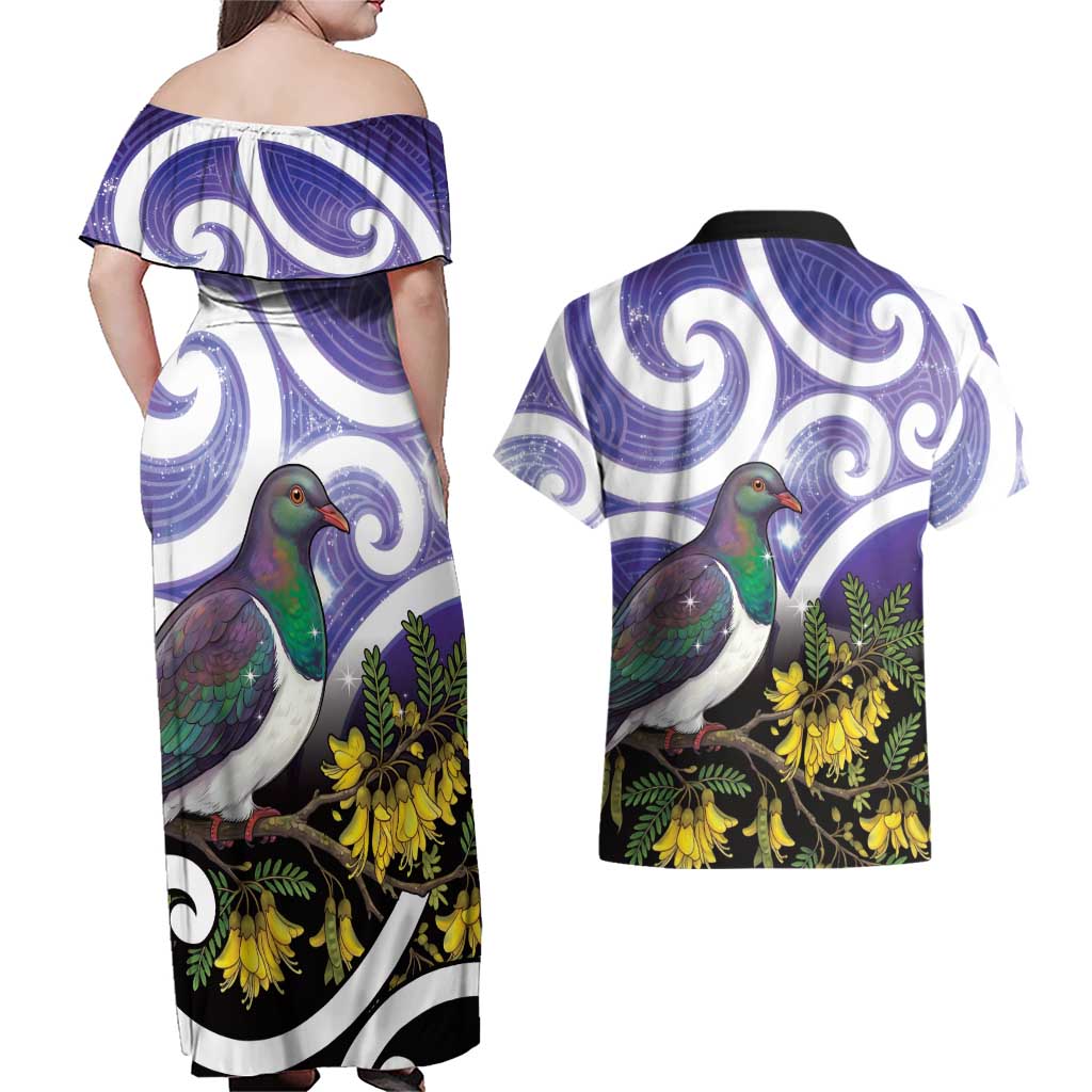 Kekeru New Zealand Matariki Couples Matching Off Shoulder Maxi Dress and Hawaiian Shirt Kukupa Kowhai Maori New Year Purple Version