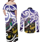 Kekeru New Zealand Matariki Couples Matching Off Shoulder Maxi Dress and Long Sleeve Button Shirt Kukupa Kowhai Maori New Year Purple Version