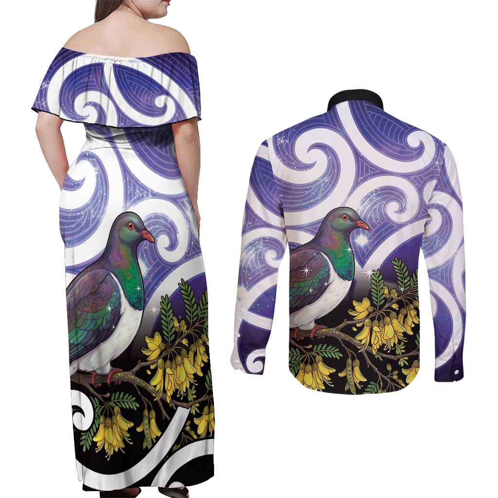 Kekeru New Zealand Matariki Couples Matching Off Shoulder Maxi Dress and Long Sleeve Button Shirt Kukupa Kowhai Maori New Year Purple Version