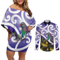 Kekeru New Zealand Matariki Couples Matching Off Shoulder Short Dress and Long Sleeve Button Shirt Kukupa Kowhai Maori New Year Purple Version